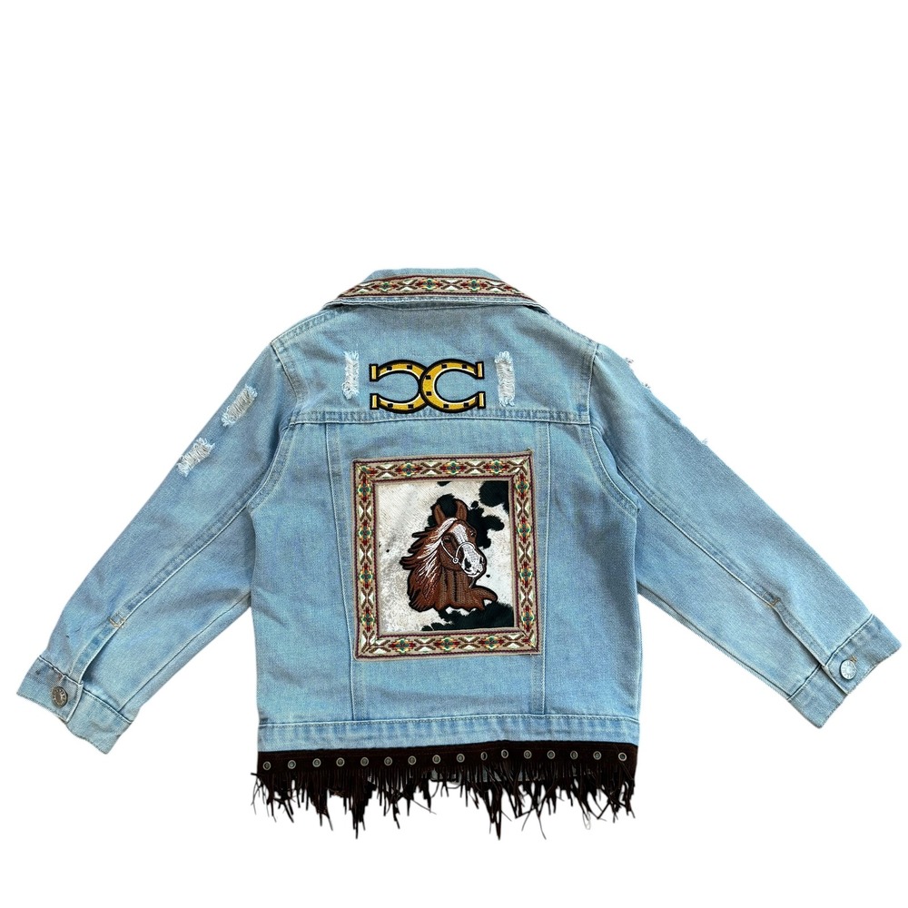 Lesal Up-Cycled Western Denim Jacket Kids 5-6 Horse Fringe Cowhide Patch Blue‎